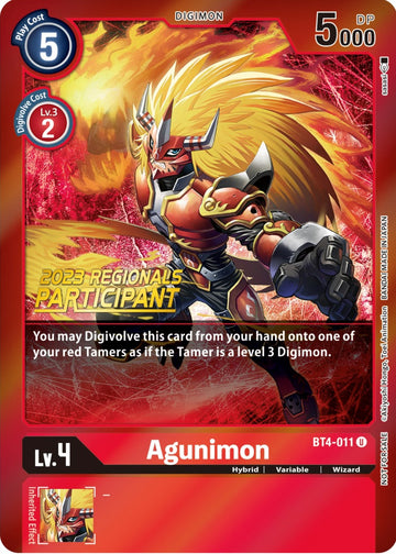 Agunimon - BT4-011 (2023 Regionals Participant) [BT4-011 U] [Great Legend] Foil