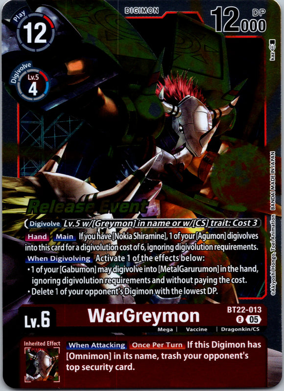 WarGreymon [BT22-013 R] [Cyber Eden Release Event Cards] Foil