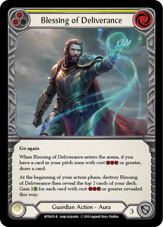 7f998800-094f-4d95-9b49-c412d4de43f2 | fab-wtr055-1en-welctorath-y-rar-nm | Blessing of Deliverance (Yellow)