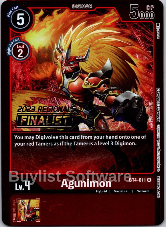 Agunimon - BT4-011 (2023 Regionals Finalist) [BT4-011 U] [Great Legend] Foil